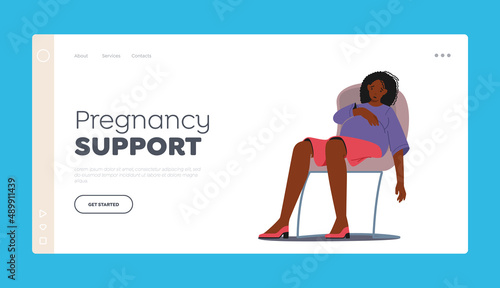 Pregnancy Support Landing Page Template. Sad Pregnant Female Character with Big Belly Sitting on Chair with Upset Face