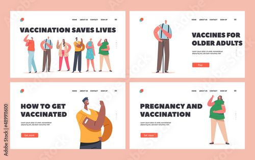 Diverse Male and Female Characters Vaccination, Immunization, Health Care Concept for Landing Page Template Set