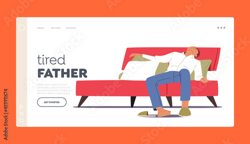 Tired Father Landing Page Template. Male Character Sleep Like a Log Lying on Bed in Room. Tiredness, Depression Concept