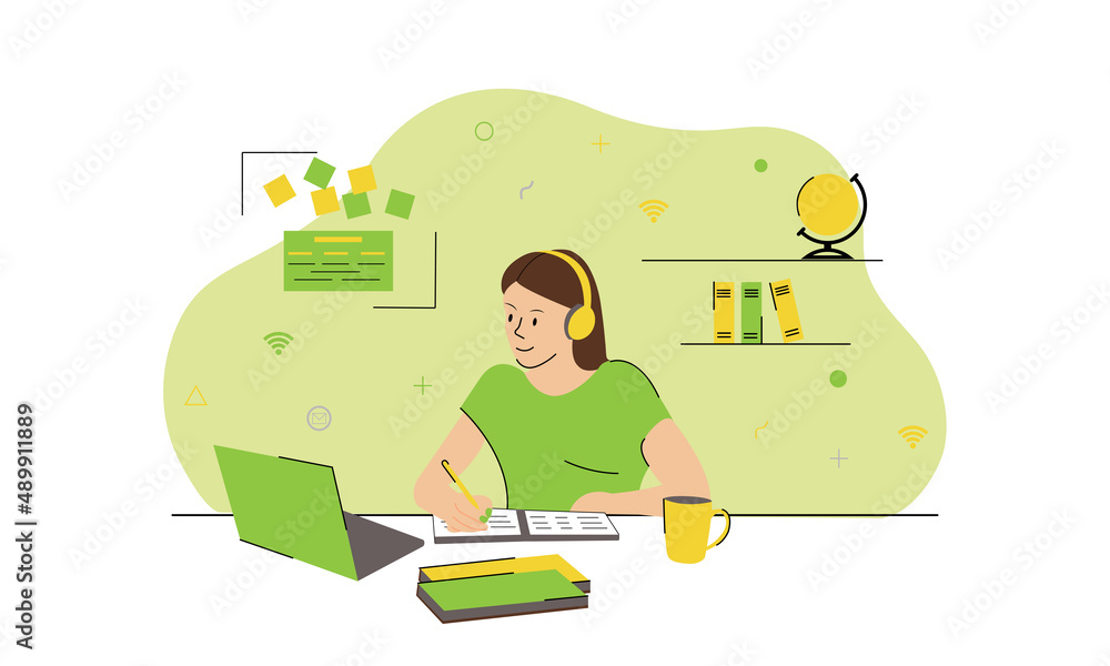 The girl sits in a chair and works on a laptop on green background . flat character. a teenager writes in a notebook. work at home. Freelance. Online education The girl sits in a chair and works on a laptop on green background . flat character. a teenager writes in a notebook. work at home. Freelance. Online education