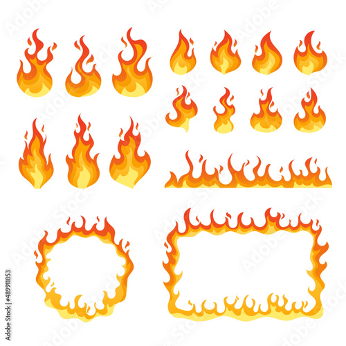 Set of Fire, Campfire, Flame Round and Rectangular Borders. Isolated Torch Flame, Burning Bonfire Blaze. Glowing Flare