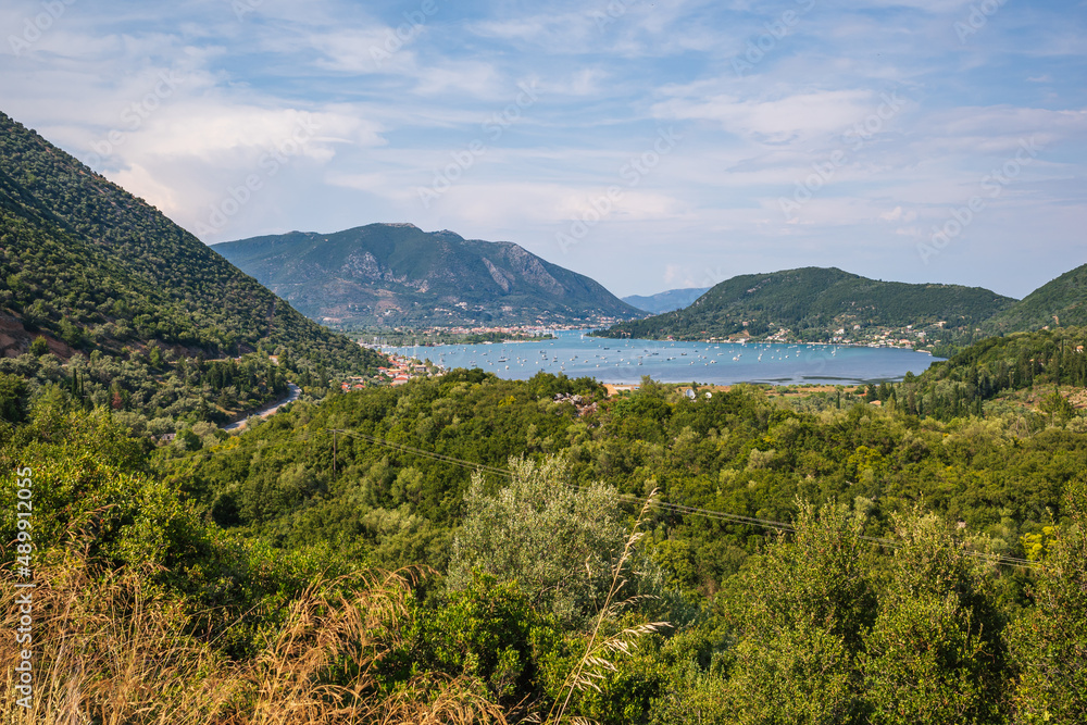 Panoramic aerial view of Vlicho Bay and Nydri, Lefkada, Ionian Islands, Greece Panoramic aerial view of Vlicho Bay and Nydri, Lefkada, Ionian Islands, Greece