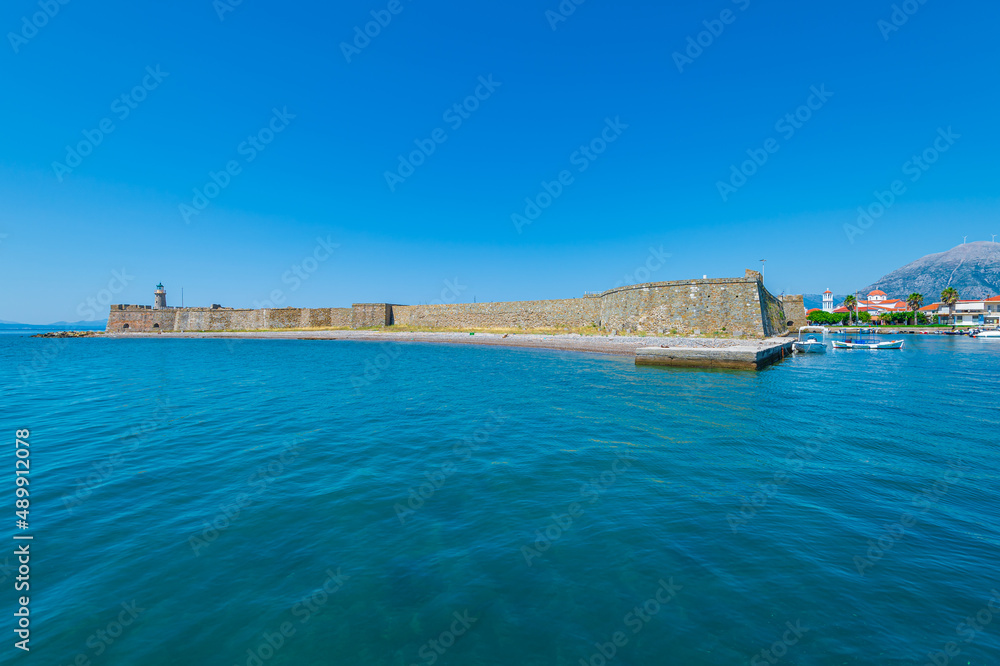 Antirrio ancient castle in Greece, by the Patras famous bridge. Ionian sea coastline location.