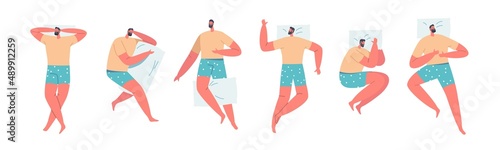 Set of Men Sleep or Relaxing in Different Sleeping Pose, Male Character Lying in Bed Top View with Pillow and Blanket