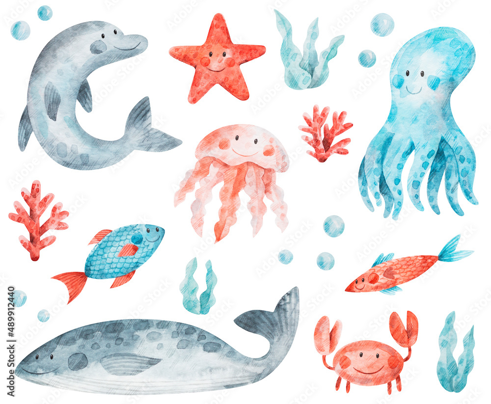 Sea ocean water animals and fish in cartoon style. Watercolor marine creatures - dolphin, whale, octopus, starfish, crab, jellyfish. Hand-drawn summer pictures on white background Sea ocean water animals and fish in cartoon style. Watercolor marine creatures - dolphin, whale, octopus, starfish, crab, jellyfish. Hand-drawn summer pictures on white background