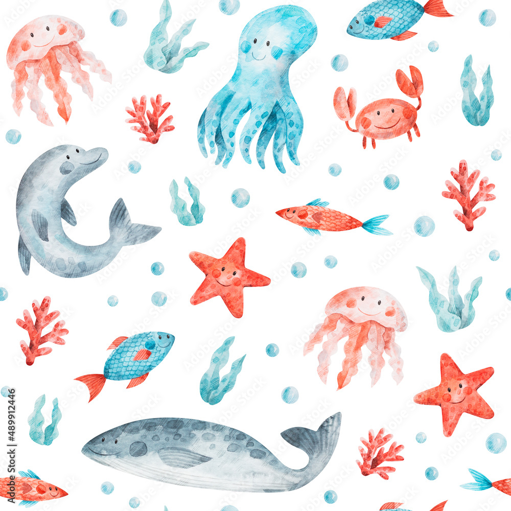 Sea ocean water animals and fish in cartoon style. Watercolor seamless pattern with marine creatures - octopus, starfish, crab, jellyfish. Hand-drawn summer texture on white background Sea ocean water animals and fish in cartoon style. Watercolor seamless pattern with marine creatures - octopus, starfish, crab, jellyfish. Hand-drawn summer texture on white background