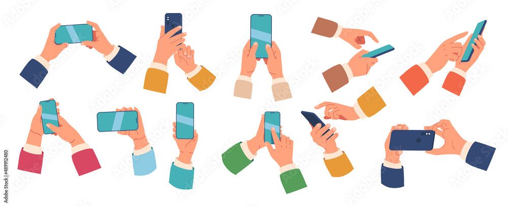 Set of Hands Holding Smartphone, Male or Female Palms with Empty Phone Display, People Using Application for Payment Set of Hands Holding Smartphone, Male or Female Palms with Empty Phone Display, People Using Application for Payment