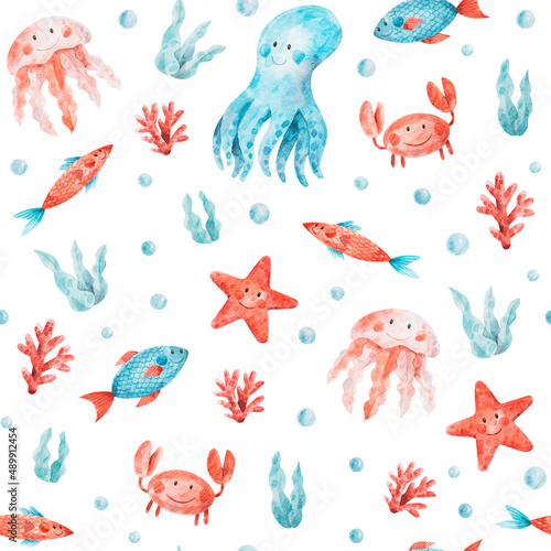 Sea ocean water animals and fish in cartoon style. Watercolor seamless pattern with marine creatures - octopus  starfish  crab  jellyfish. Hand-drawn summer texture on white background