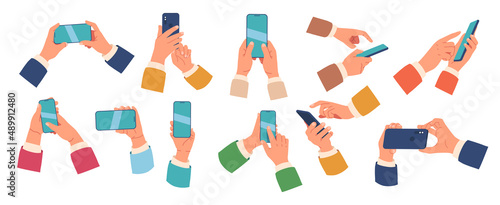 Set of Hands Holding Smartphone, Male or Female Palms with Empty Phone Display, People Using Application for Payment