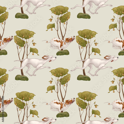 Seamless pattern on a light green background. Hound dogs run through the forest, hunt.