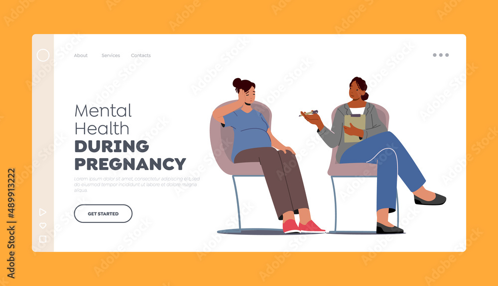 Mental Health during Pregnancy Landing Page Template. Pregnant Woman and Psychologist Characters Chatting of Childbirth