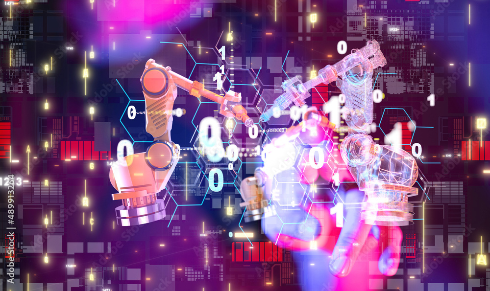Obraz premium Neural network 3D illustration. Big data and cybersecurity