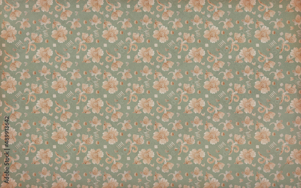 Retro grunge background. Watercolor flowers on a green background. Illustration for packaging design, wallpaper, wrapper and scrapbooking. Printing on fabric or paper.