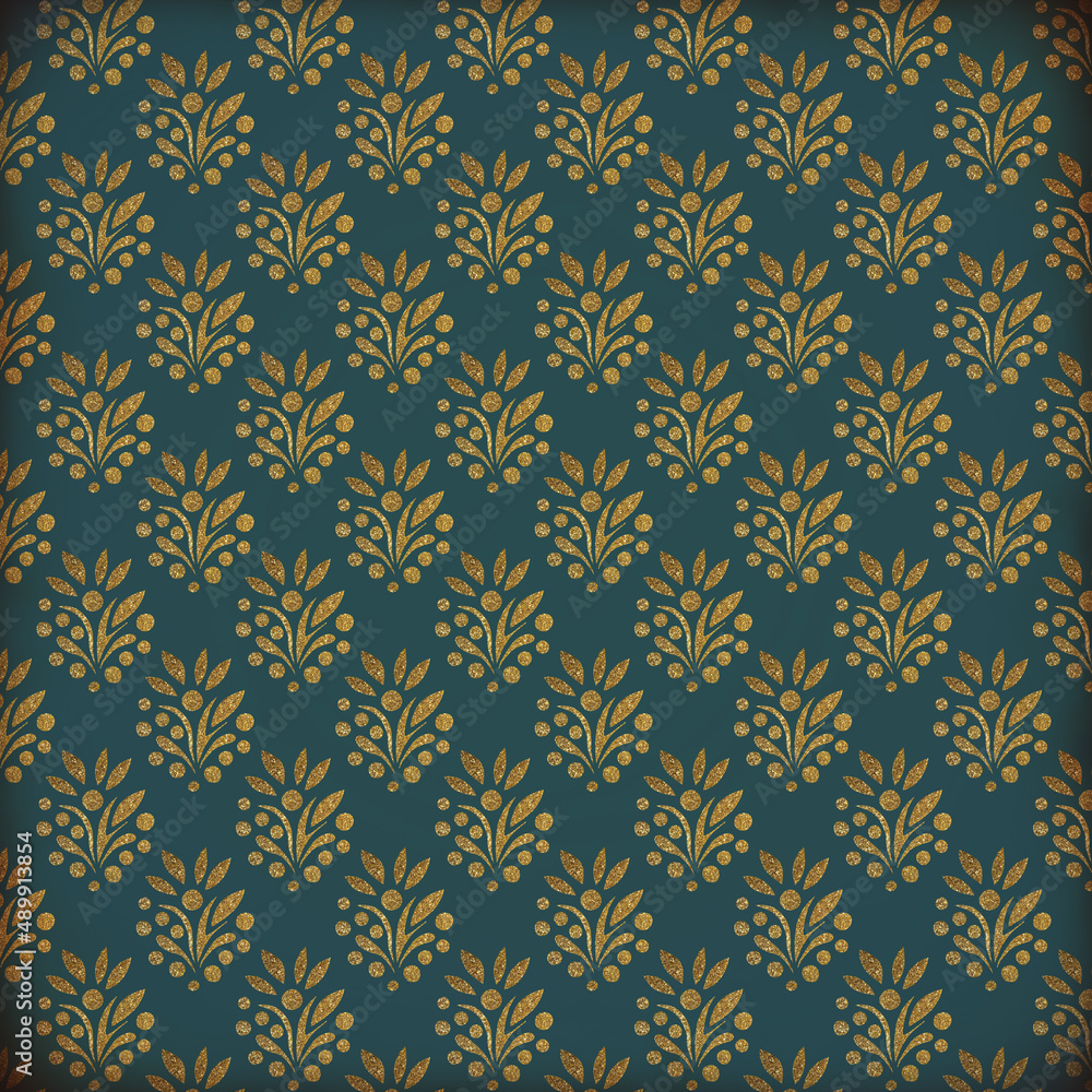 Golden ornament on a green background. Illustration for packaging design, wallpaper, wrapper and scrapbooking. Printing on fabric or paper.