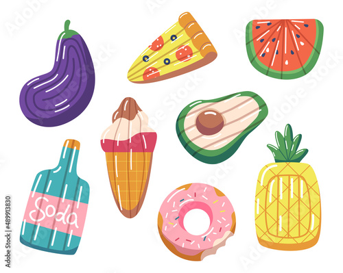 Set of Rubber Swimming Mattresses, Pink Donut, Eggplant, Pizza or Avocado, Bottle, Ice Cream and Watermelon Toys