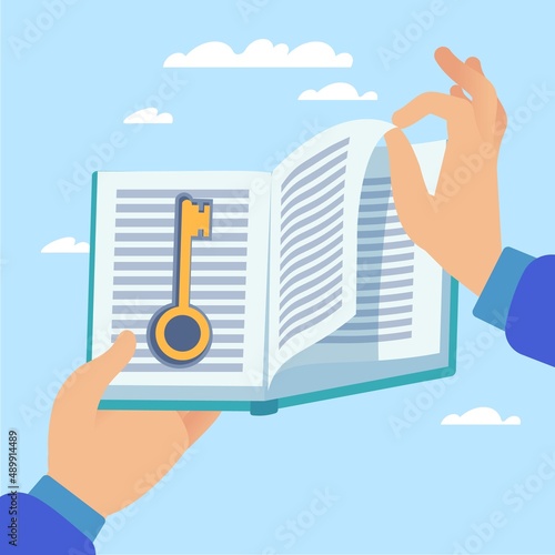 Book is key to knowledge. Education is way to success. Hands holding textbook, finding answers and ways to solve problems, educational and business literature. Vector concept