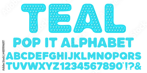 Teal blue popit alphabet and numbers set in fidget toy style. Pop it font design as a trendy silicone toy for fidget in bright color. Bubble sensory letter as popit. Isolated cartoon vector