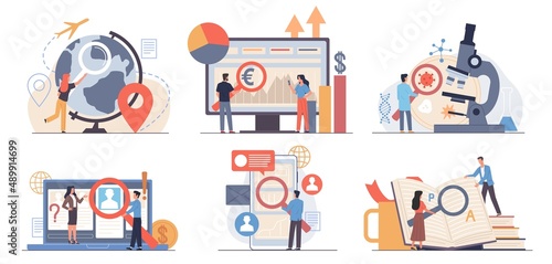 Characters with magnifying glass. Tiny men and women in different actions with big loupes, people investigation and close study, search information in internet, vector cartoon flat set