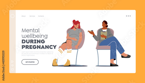 Mental Wellbeing during Pregnancy Landing Page Template. Upset Pregnant Woman Visit Courses with Psychological Support