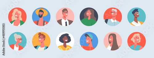 Set of People Avatars, Young, Mature and Old Men or Women Portraits for Social Media and Web Design. Diverse Characters