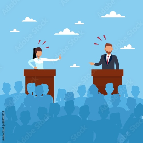 Debates. Man and woman politician discussing problems, showdown in public, responding on journalists questions, speech in front of crowd people. Political candidate meeting vector concept