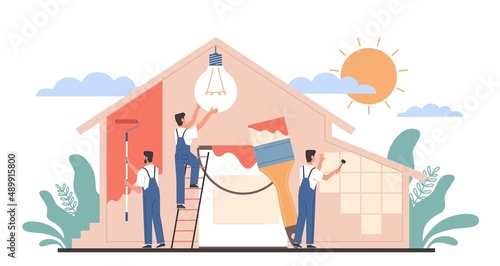 Home renovation workers. Repairman team building house. Painting, electric, finishing works, builders doing apartment repair, professional decorating service vector cartoon flat concept