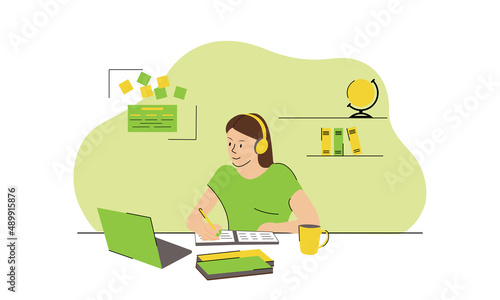 student studying on a laptop. isolated flat vector illustration. online education concepts in flat style