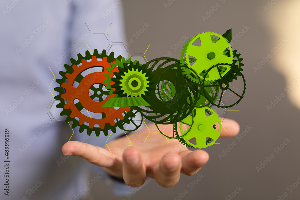 Set of green gears and cogs on black background Set of green gears and cogs on black background