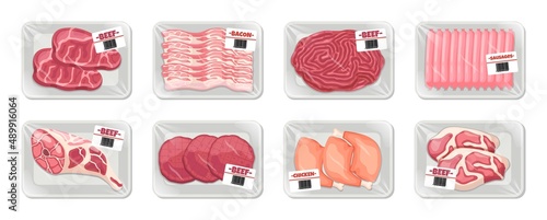 Meat plastic trays. Cartoon raw animal products, vacuum wrap packaging containers with semi finished. Fresh farm food, grocery market, sausages and steak, beef, chicken and pork vector set