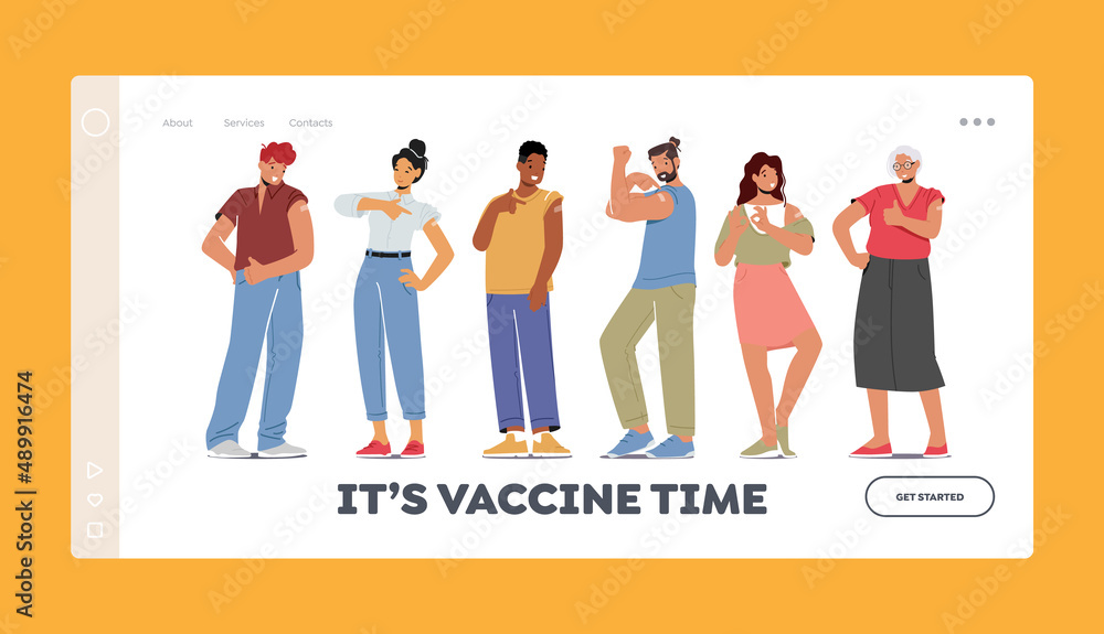 Time to Vaccine Landing Page Template. Vaccinated People Show Patch and Positive Gestures, Male and female Characters
