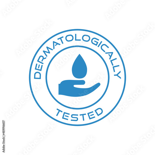 Dermatologically tested icon with water drop and hand logo isolated on white background