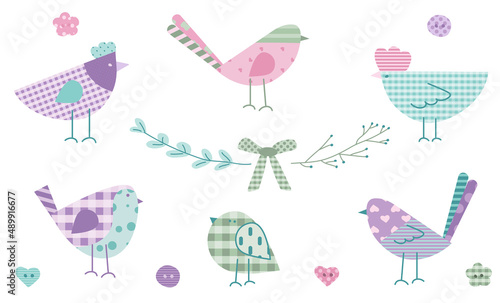 Spring collection, set bird or chicken, chick, rooster, dove and floral in pastel colors and tartan pattern. The vector illustration in abstract patchwork flat design or POP ART style.