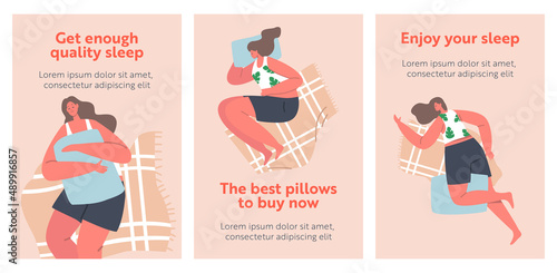 Female Character Sleeping Poses Banners, Girl Lying in Bed in Various Comfortable Positions Top View. Woman Sleep