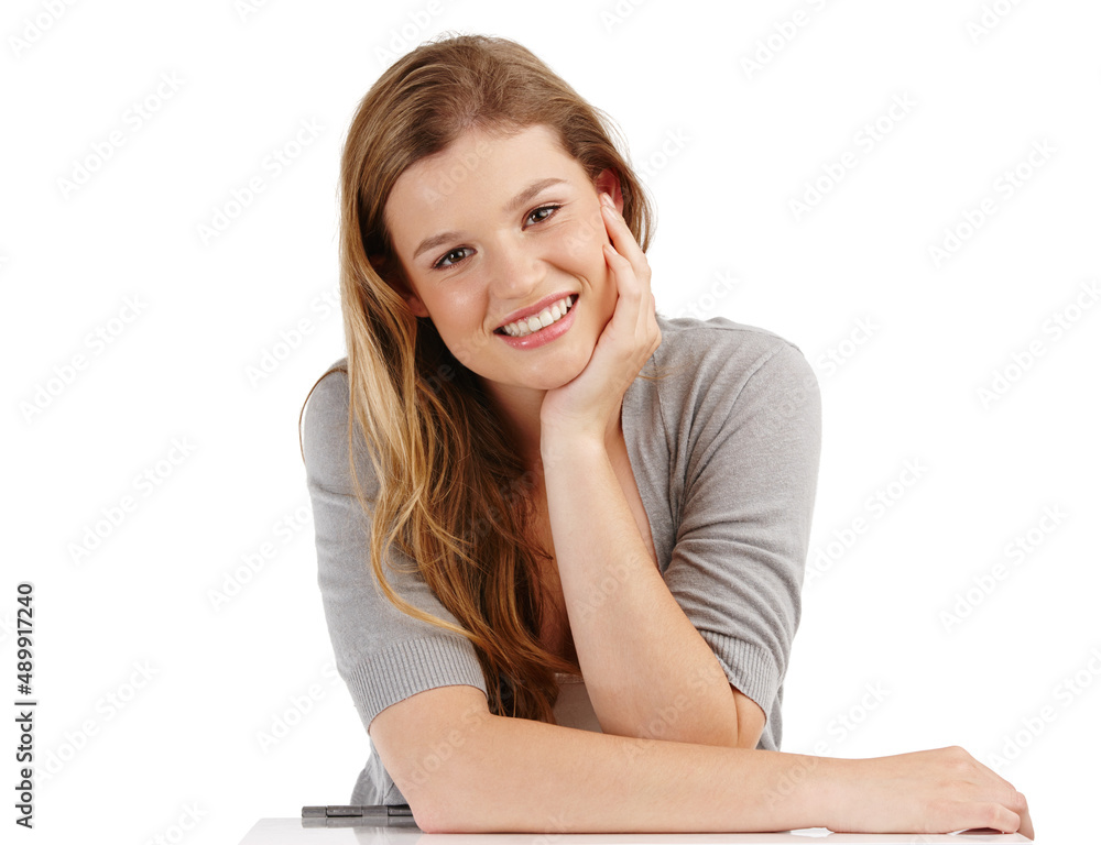 Happy and content. Studio portrait of an attractive young woman with her head on her hand against a white background. Happy and content. Studio portrait of an attractive young woman with her head on her hand against a white background.
