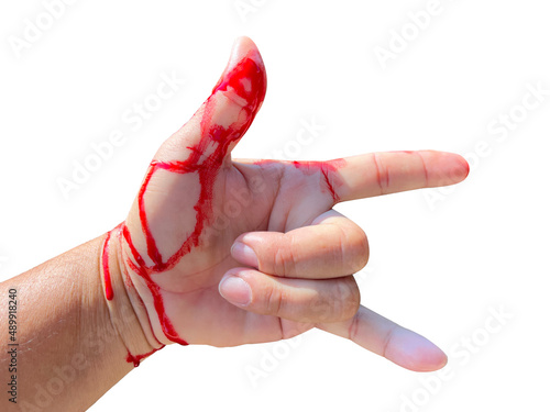 Real red blood on hand on white background with copy space. Accident form a knife cut finger.