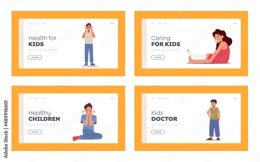 Sick Kids with Aches Landing Page Template Set. Children Characters Feel Pain in Head, Arm, Leg, Eyes and Stomach Sick Kids with Aches Landing Page Template Set. Children Characters Feel Pain in Head, Arm, Leg, Eyes and Stomach