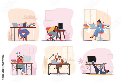 Set of Exhausted Workers Professional Burnout Syndrome. Stressed Managers Characters Work Sitting or Lying at Tables