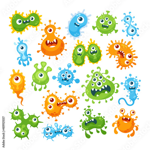 Set of Cartoon Viruses, Bacteria and Germs Characters with Funny Faces. Smiling Pathogen Microbe Monsters with Big Eyes