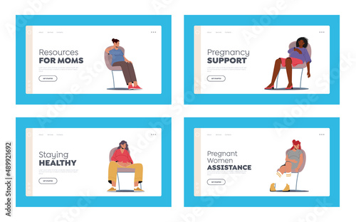 Mental Health, Pregnancy Support Landing Page Template Set. Pregnant Women Sitting on Chairs with Sad Faces