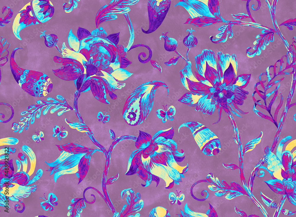 Fototapeta premium Paisley watercolor floral pattern. Jacobean floral tile: flowers, flores leaves. Oriental indian traditional hand painted water color whimsical seamless print design. Abstract india batik background