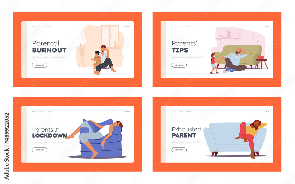 Depressed Tired Parents with Yelling Kids Landing Page Template Set. Son and Daughters Disturb Mom and Dad, Fatigue