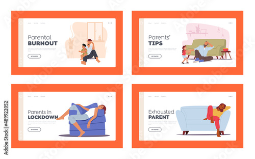 Depressed Tired Parents with Yelling Kids Landing Page Template Set. Son and Daughters Disturb Mom and Dad, Fatigue