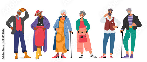 Trendy Old Male and Female Characters Wear Fashionable Clothes Isolated on White Background. Stylish Senior Men or Women