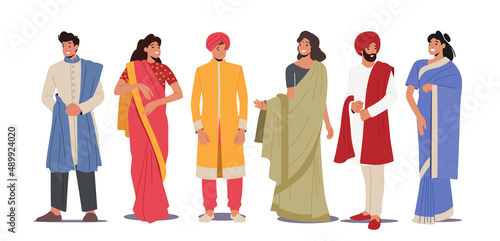 Indian People Wear Traditional Clothes Isolated on White Background. Young Smiling Male and Female Characters of India