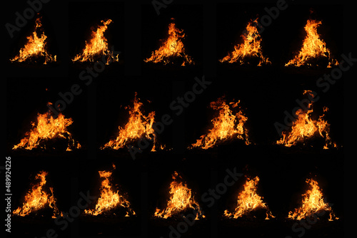 Set of 11 images of flames in the form of dragons and strange waves isolated on a black background, for use with specific backgrounds in designs.