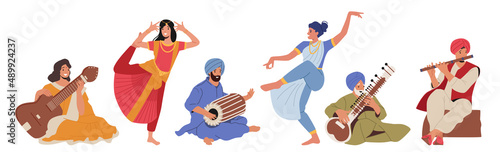 Set of Indian Street Artists, Musicians and Dancers Characters in Colorful Dresses Performing on Street Playing Music