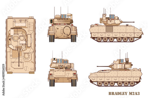 M2A3 Bradley Infantry Fighting Machine. US Army. vector illustration. Drawing front, top and rear views.