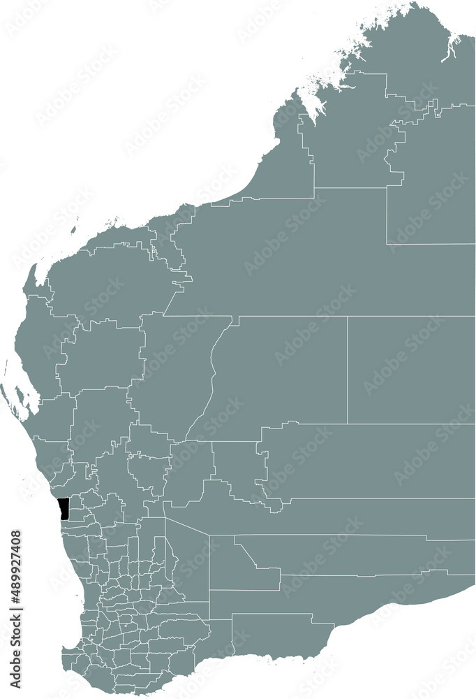 Black flat blank highlighted location map of the SHIRE OF IRWIN AREA inside gray administrative map of areas of the Australian state of Western Australia