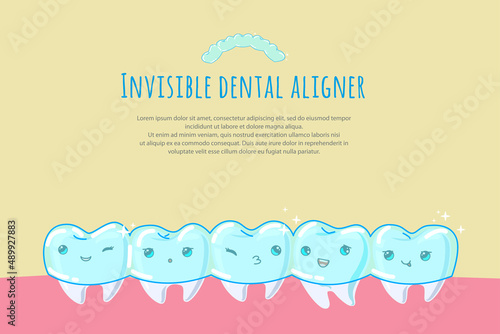 Cute tooth cartoon vector. Invisible dental aligner concept illustration. Transparent braces for crooked teeth.