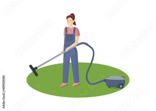 Woman with a vacuum cleaner. Cleaning services. House cleaning, cleaning lady and janitor. Isolated background, flat illustration, vector.